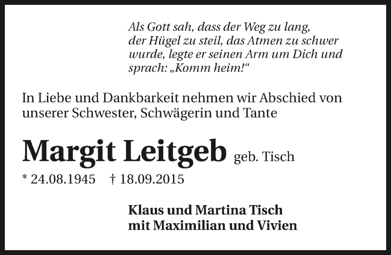  Traueranzeige für Margit Leitgeb vom 23.09.2015 aus 