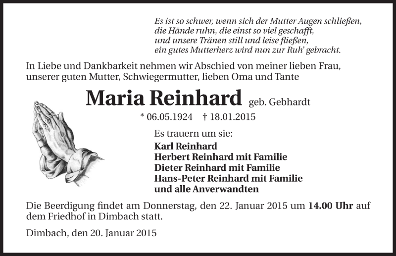  Traueranzeige für Maria Reinhard vom 20.01.2015 aus 