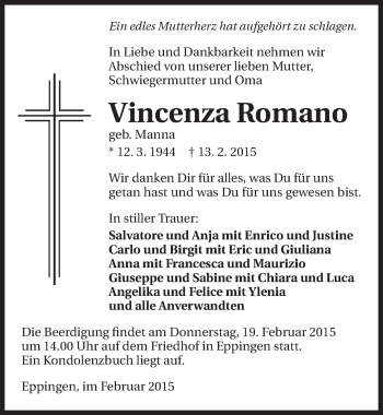 Traueranzeige von Vincenza Romano 