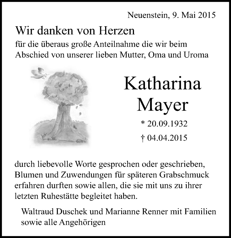  Traueranzeige für Katharina Mayer vom 09.05.2015 aus 