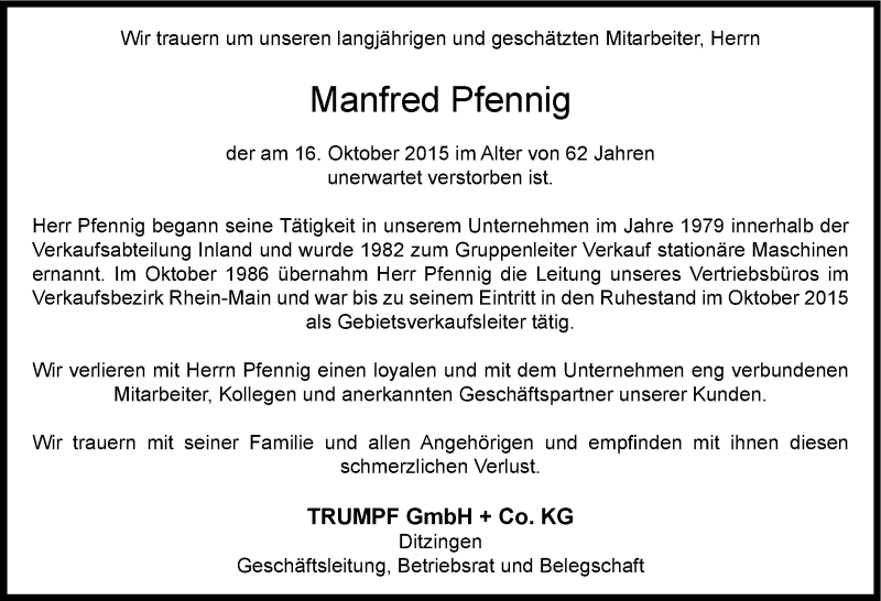  Traueranzeige für Manfred Pfennig vom 20.10.2015 aus 
