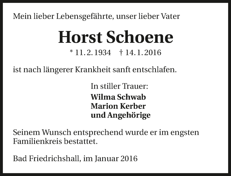  Traueranzeige für Horst Schoene vom 26.01.2016 aus 
