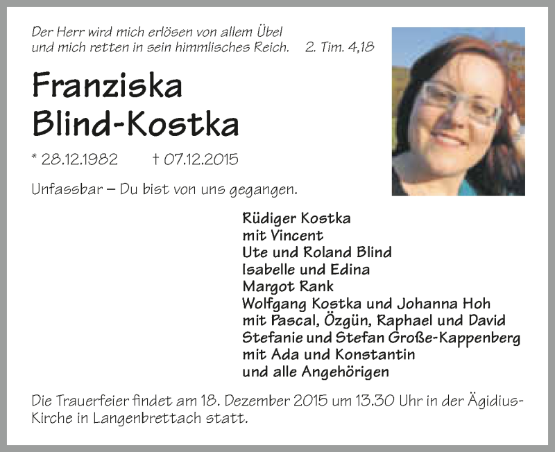  Traueranzeige für Franziska Blind-Kostka vom 15.12.2015 aus 