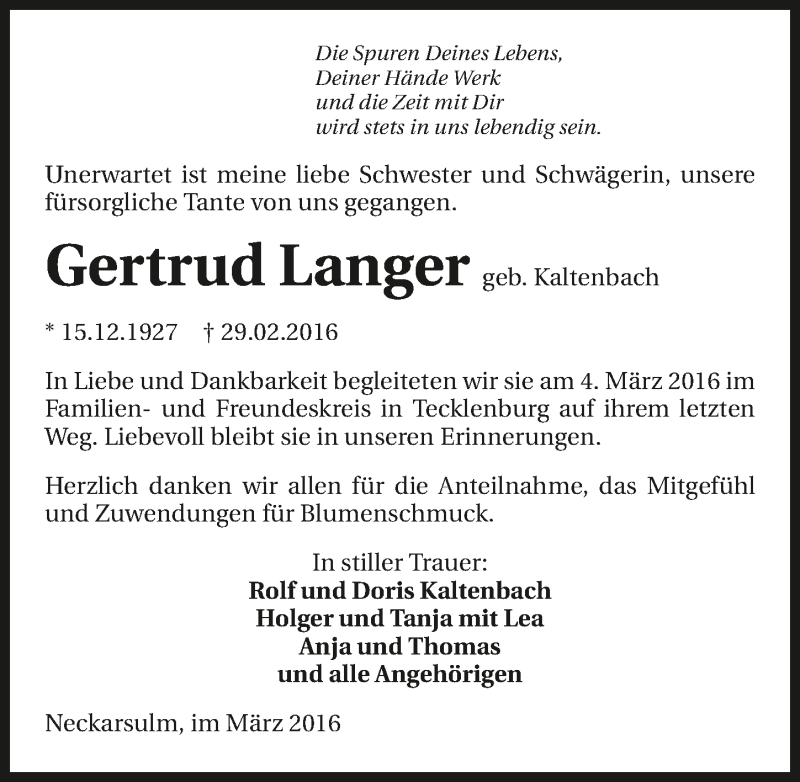  Traueranzeige für Gertrud Langer vom 23.03.2016 aus 