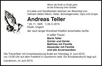 Traueranzeige von Andreas Teller 