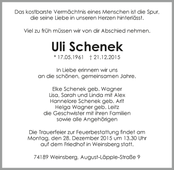 Traueranzeige von Uli Schenek 