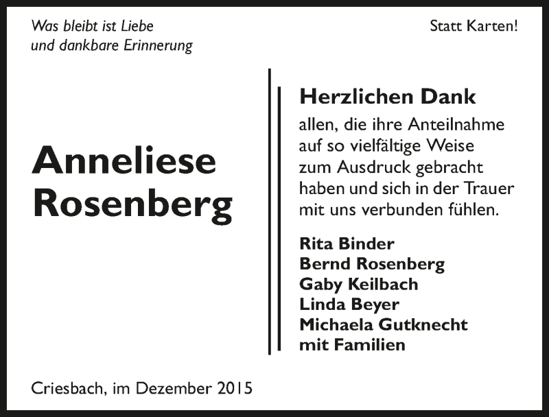  Traueranzeige für Anneliese Rosenberg vom 05.12.2015 aus 