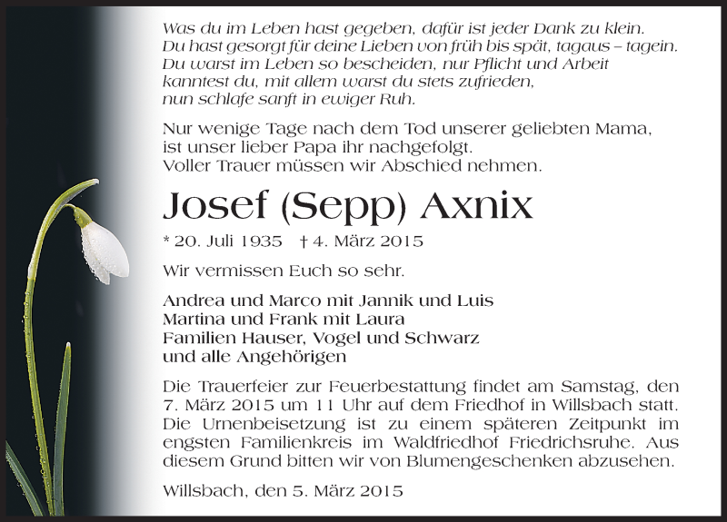  Traueranzeige für Josef Axnix vom 31.03.2015 aus 
