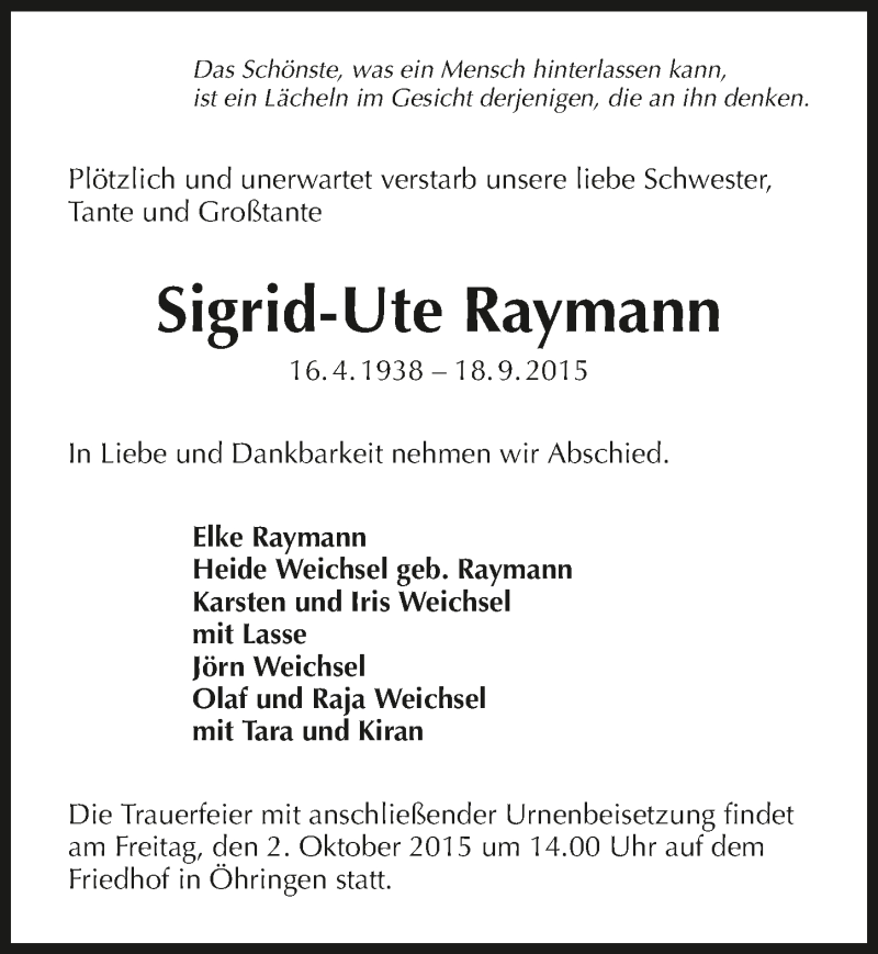  Traueranzeige für Sigrid-Ute Raymann vom 29.09.2015 aus 