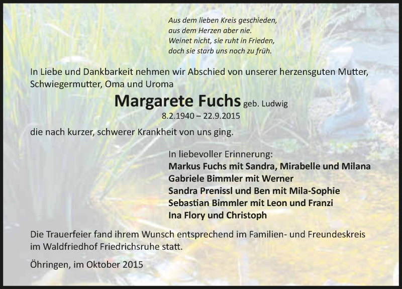  Traueranzeige für Margarete Fuchs vom 05.10.2015 aus 