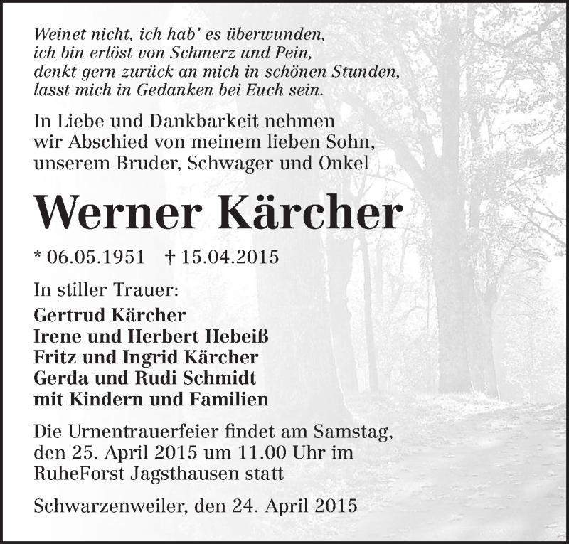  Traueranzeige für Werner Kärcher vom 24.04.2015 aus 