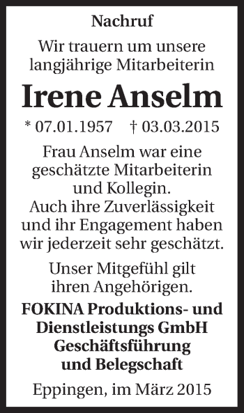 Traueranzeige von Irene Anselm 