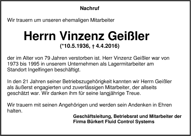  Traueranzeige für Vinzenz Geißler vom 08.04.2016 aus 