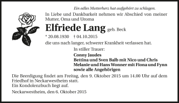 Traueranzeige von Elfriede Lang 
