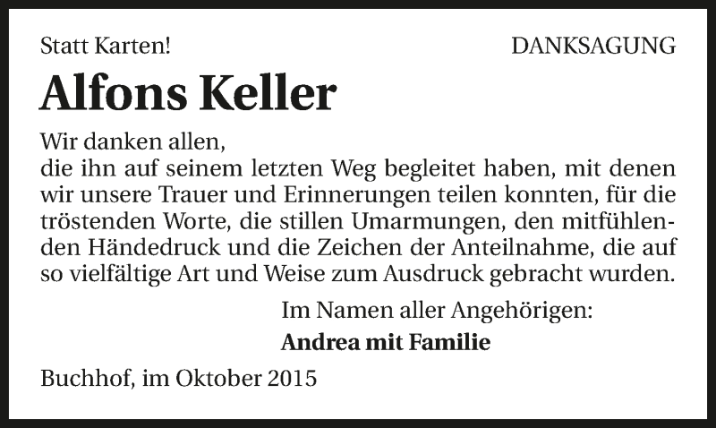  Traueranzeige für Alfons Keller vom 17.10.2015 aus 