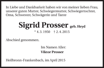 Traueranzeige von Sigrid Prosser 
