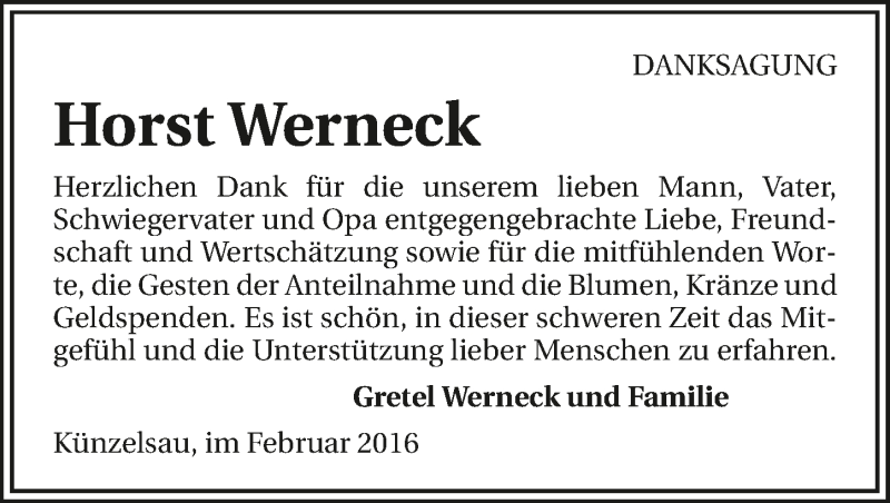 Traueranzeige für Horst Werneck vom 06.02.2016 aus 