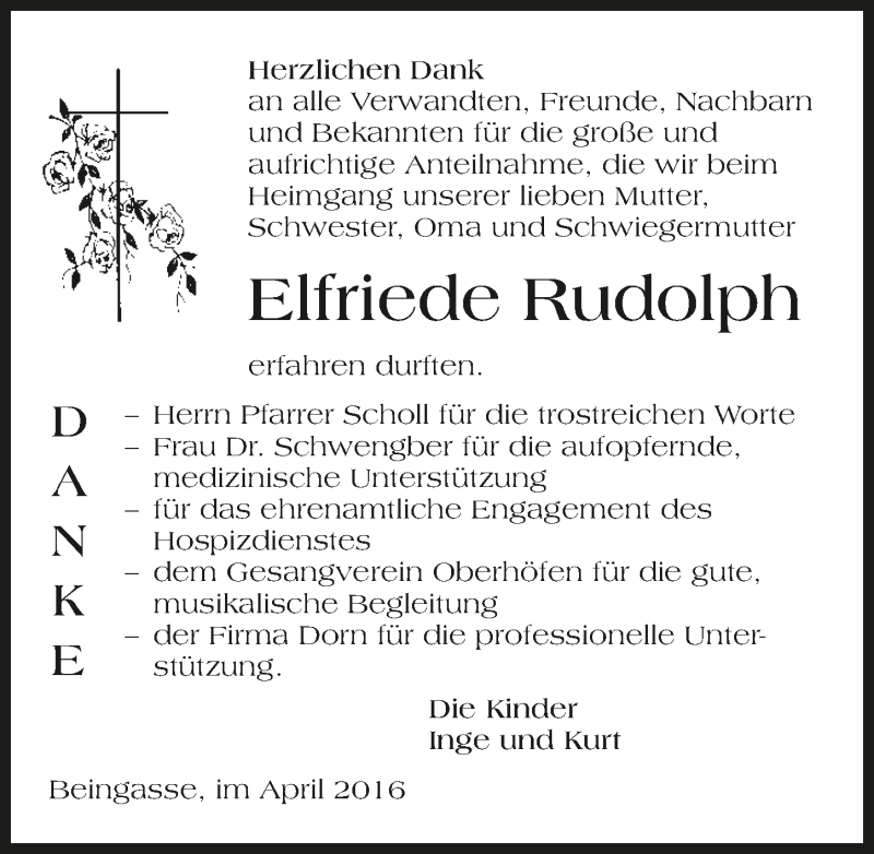  Traueranzeige für Elfriede Rudolph vom 29.04.2016 aus 