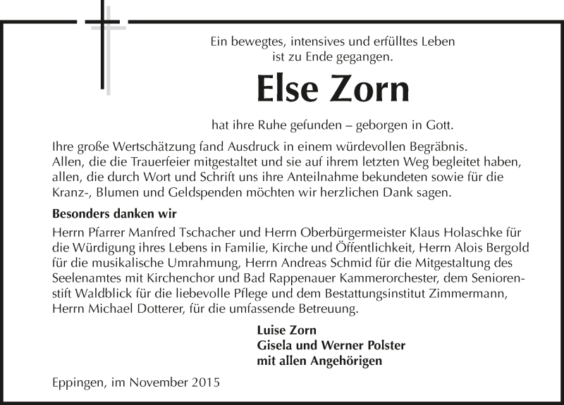  Traueranzeige für Else Zorn vom 12.11.2015 aus 