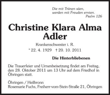 Traueranzeige von Christine Klara Alma Adler 