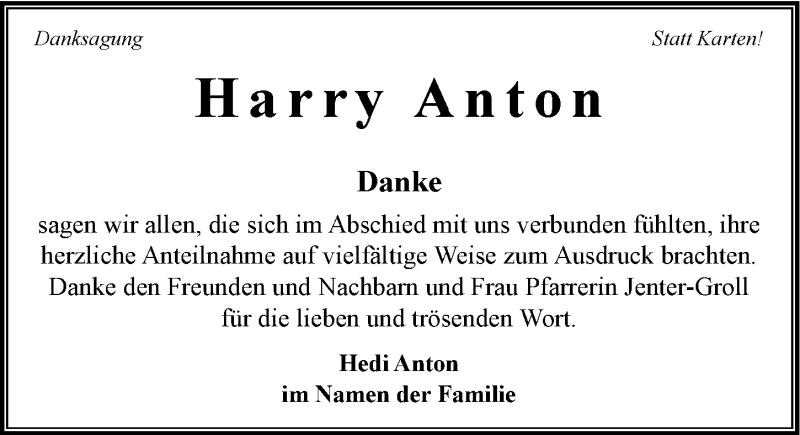  Traueranzeige für Harry Anton vom 04.05.2016 aus 