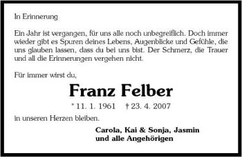 Traueranzeige von franz Felber 