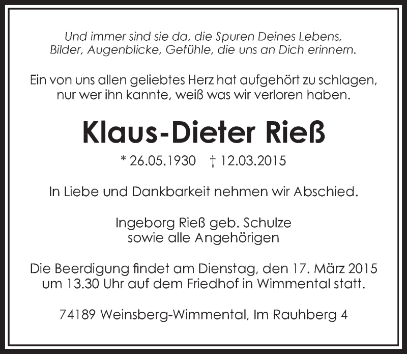  Traueranzeige für Klaus-Dieter Rieß vom 16.03.2015 aus 