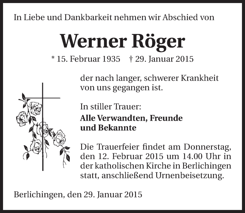  Traueranzeige für Werner Röger vom 10.02.2015 aus 