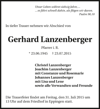 Traueranzeige von Gerhard Lanzenberger 