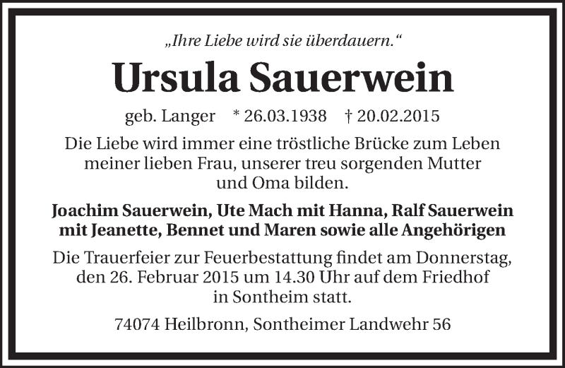  Traueranzeige für Ursula Sauerwein vom 25.02.2015 aus 