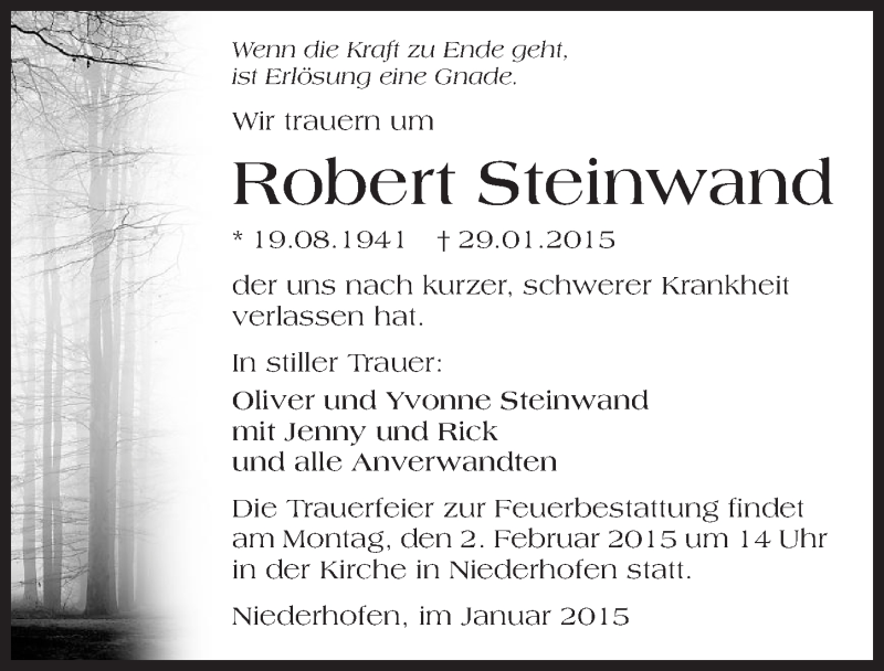  Traueranzeige für Robert Steinwand vom 31.01.2015 aus 