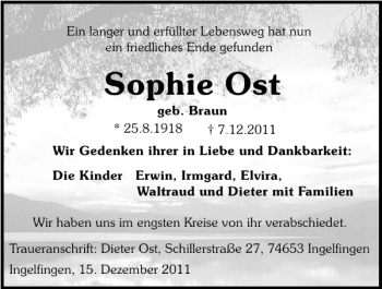 Traueranzeige von Sophie Ost 