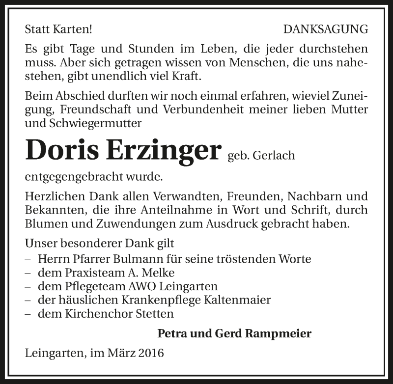  Traueranzeige für Doris Erzinger vom 09.03.2016 aus 