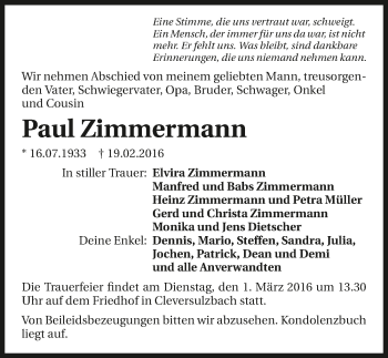 Traueranzeige von Paul Zimmermann 