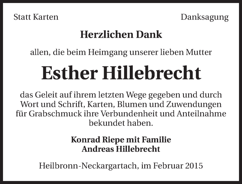  Traueranzeige für Esther Hillebrecht vom 28.02.2015 aus 