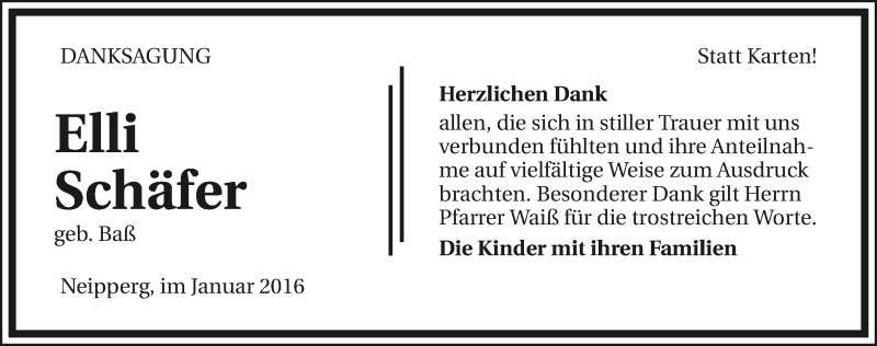  Traueranzeige für Elli Schäfer vom 27.01.2016 aus 