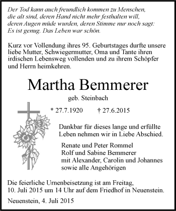 Traueranzeige von Martha Bemmerer 