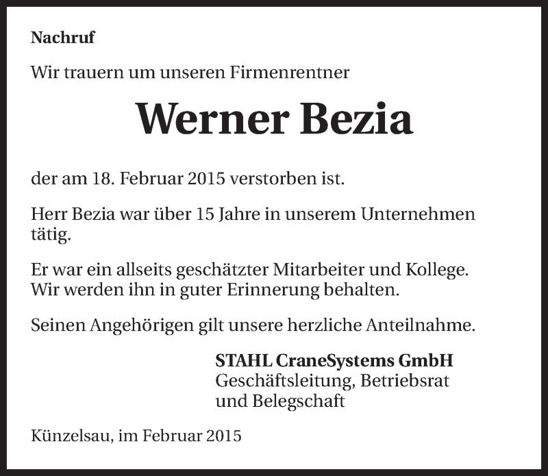  Traueranzeige für Werner Bezia vom 23.02.2015 aus 