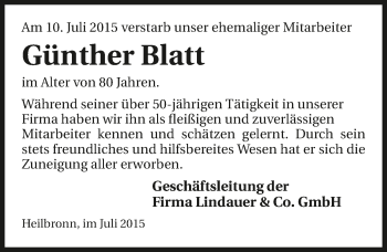 Traueranzeige von Günther Blatt 
