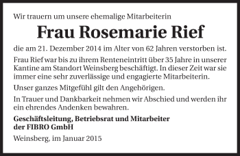 Traueranzeige von Rosemarie Rief 