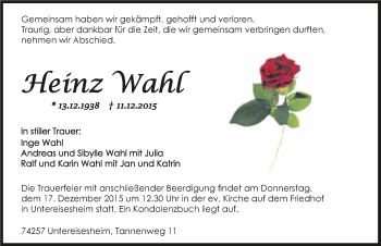 Traueranzeige von Heinz Wahl 