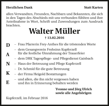 Traueranzeige von Walter Müller 