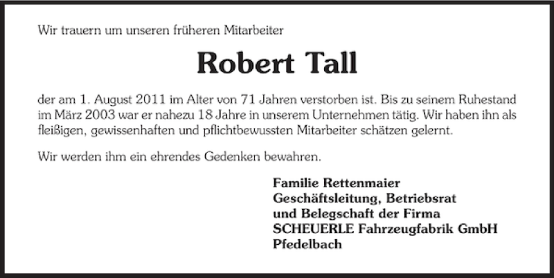  Traueranzeige für Robert Tall vom 04.08.2011 aus 