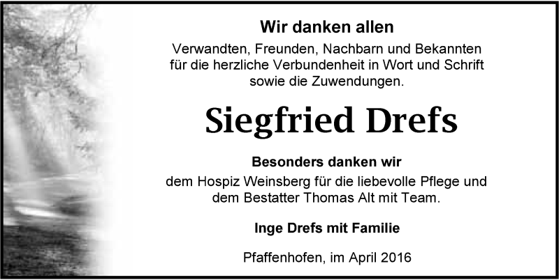  Traueranzeige für Siegfried Drefs vom 13.04.2016 aus 