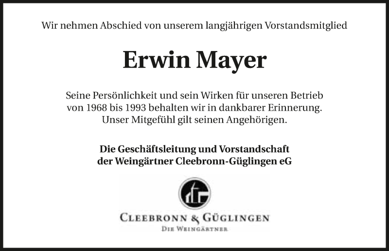  Traueranzeige für Erwin Mayer vom 12.11.2015 aus 