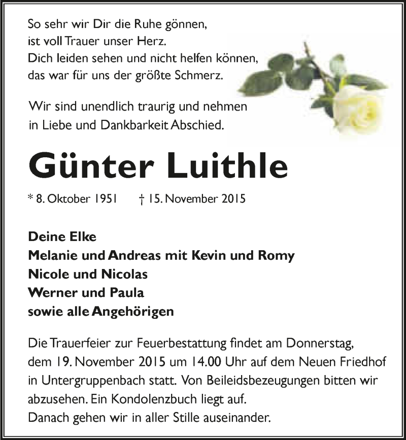  Traueranzeige für Günter Luithle vom 17.11.2015 aus 