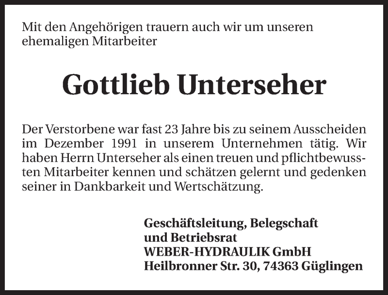  Traueranzeige für Gottlieb Unterseher vom 08.01.2015 aus 