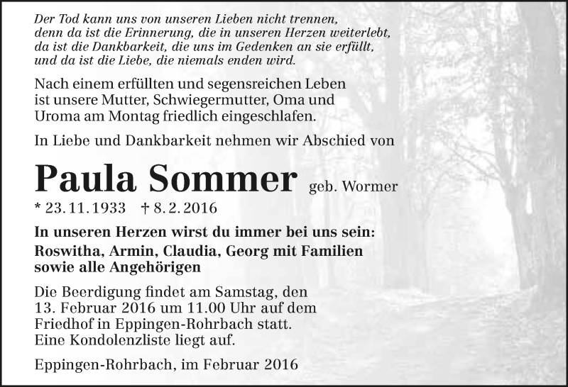  Traueranzeige für Paula Sommer vom 11.02.2016 aus 