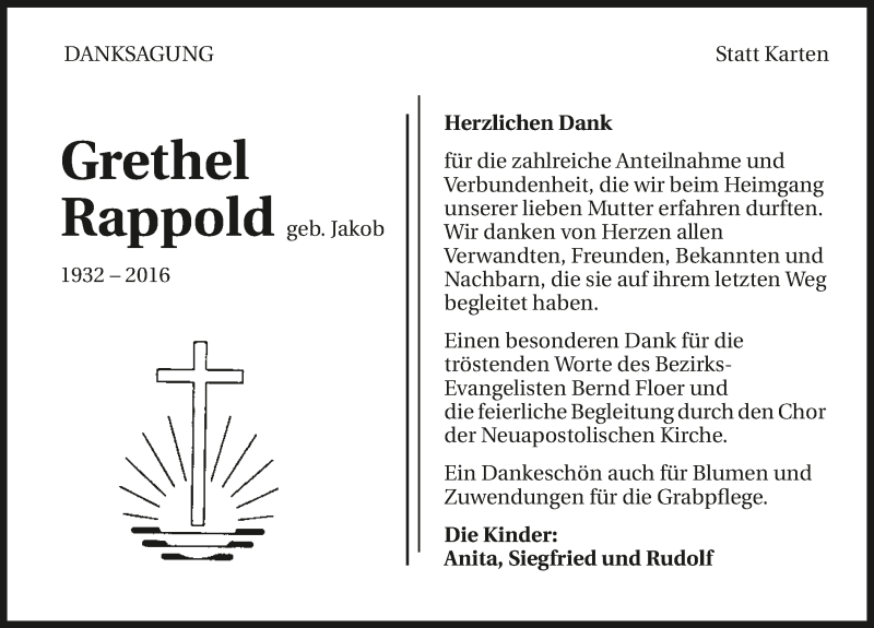  Traueranzeige für Grethel Rappold vom 19.03.2016 aus 