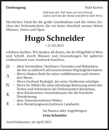 Traueranzeige von Hugo Schneider 